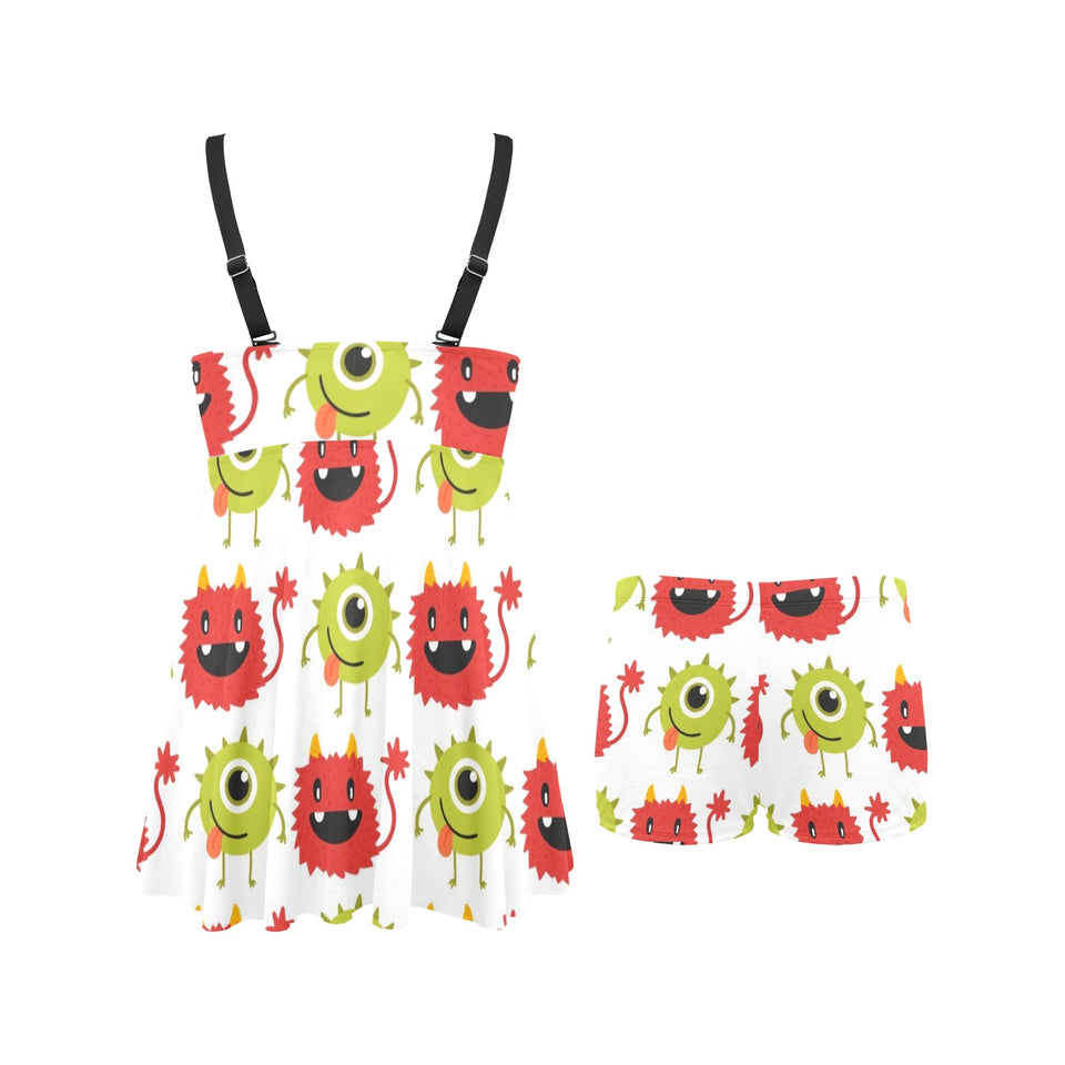 Alien Pattern Print Design 05 Chest Sexy Pleated Two Piece Swim Dress