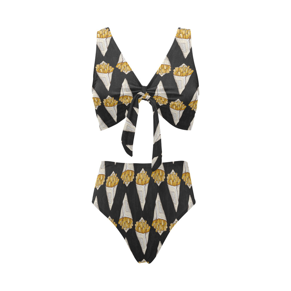 French fries dark background Chest Bowknot High Waisted Bikini Swimsuit