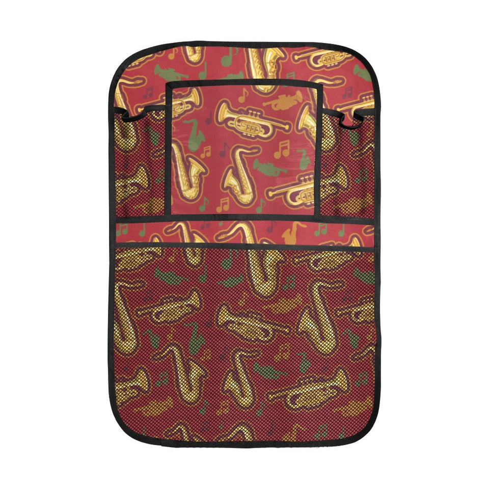 Saxophone cornet pattern red background Car Seat Back Organizer
