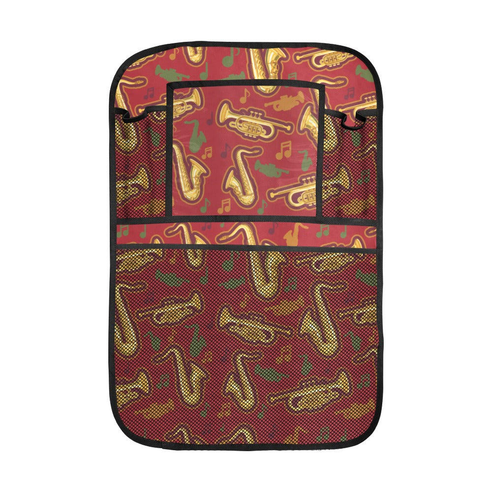 Saxophone cornet pattern red background Car Seat Back Organizer