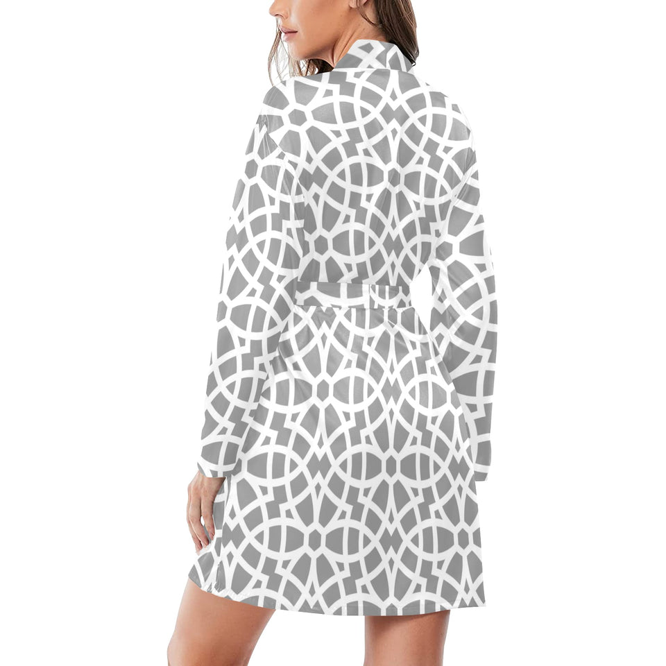 arabic gray pattern Women's Long Sleeve Belted Night Robe