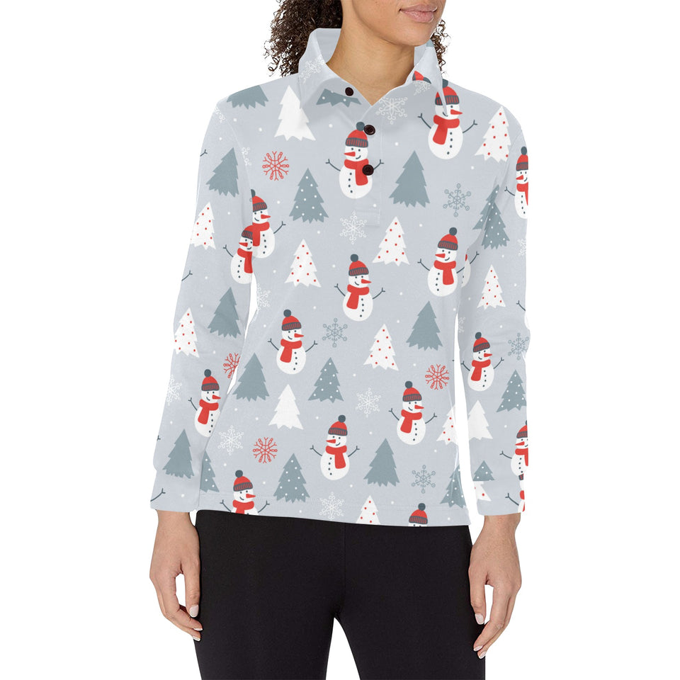 Snowman christmas tree snow gray background Women's Long Sleeve Polo Shirt