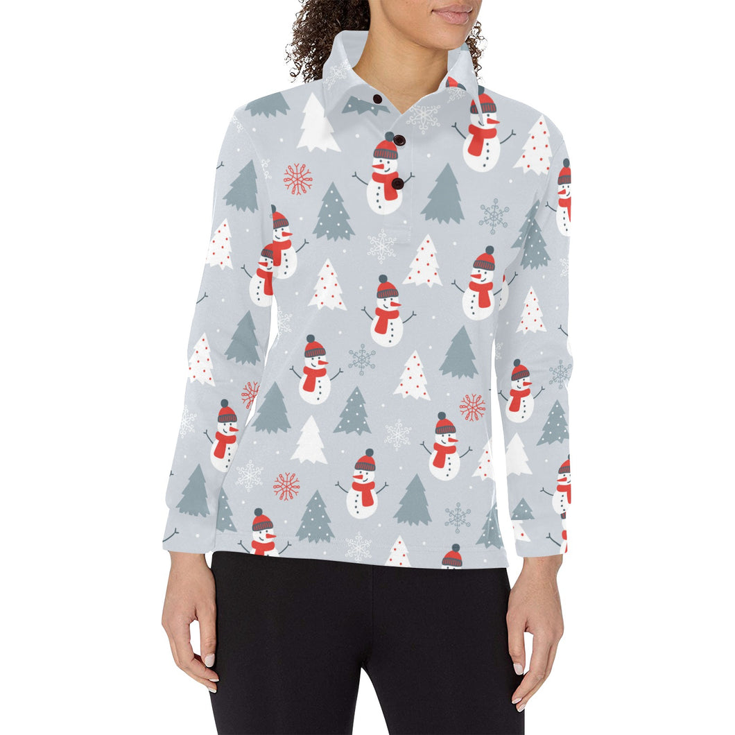 Snowman christmas tree snow gray background Women's Long Sleeve Polo Shirt