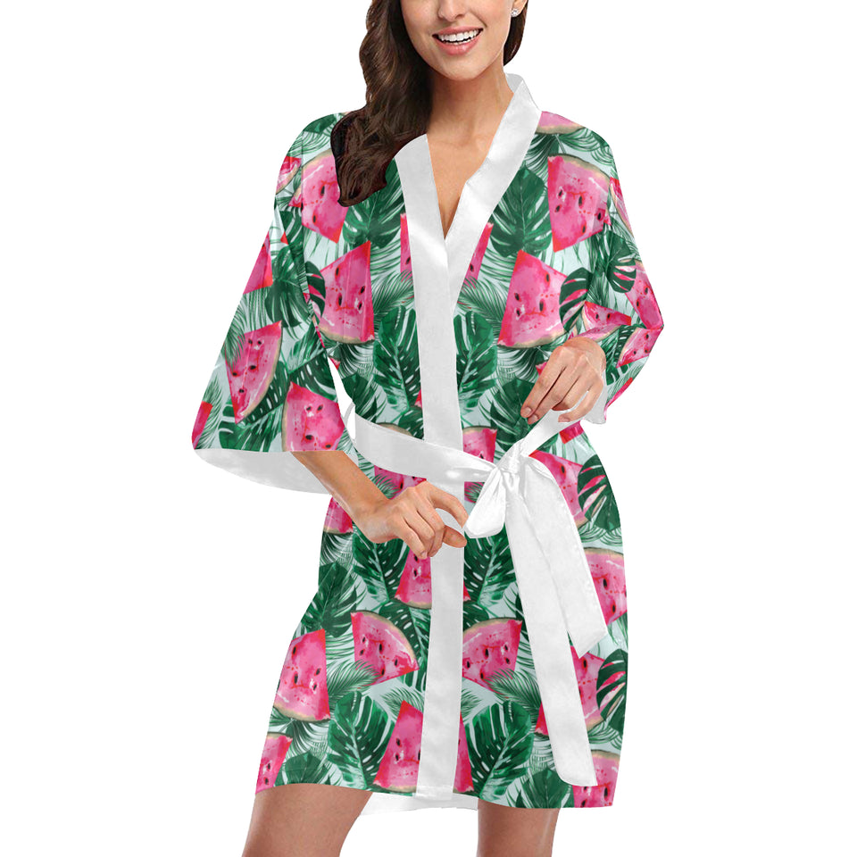 Watermelons tropical palm leaves pattern Women's Short Kimono Robe