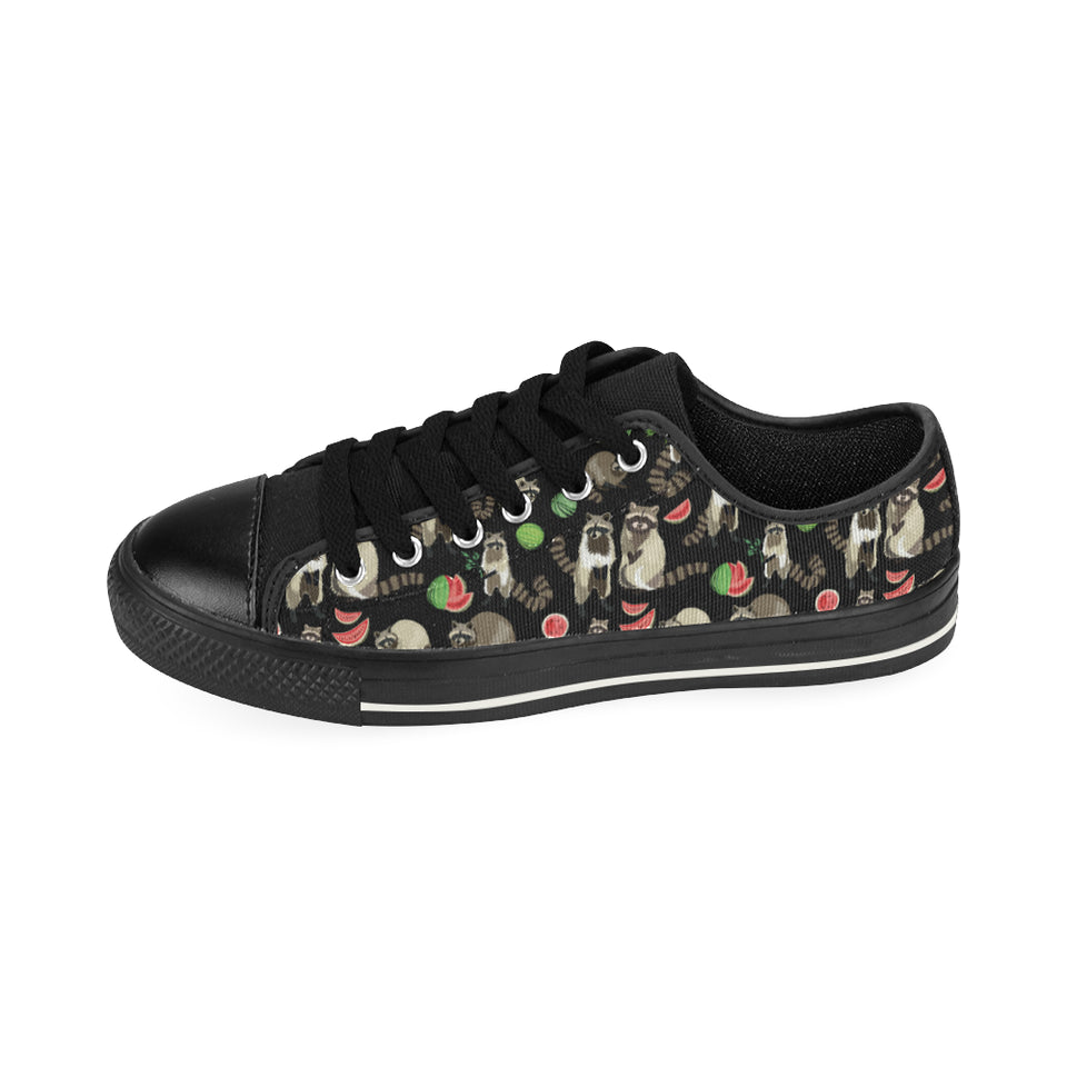 Raccoon watermelon pattern Men's Low Top Canvas Shoes Black