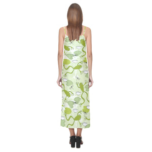 Cute frog dragonfly pattern V-Neck Open Fork Long Dress