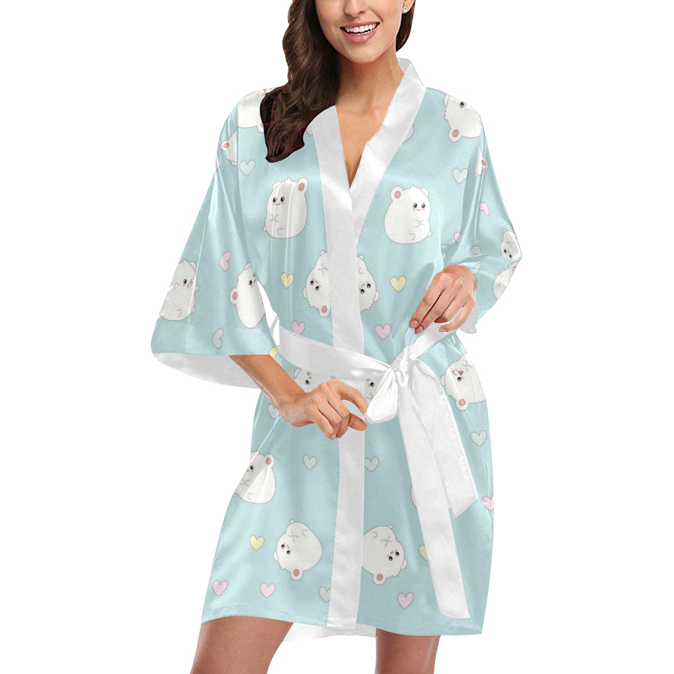 White cute hamsters heart pattern Women's Short Kimono Robe