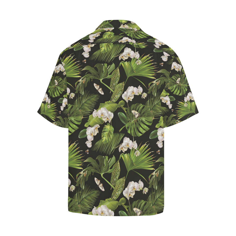 White orchid flower tropical leaves pattern blackg Men's All Over Print Hawaiian Shirt