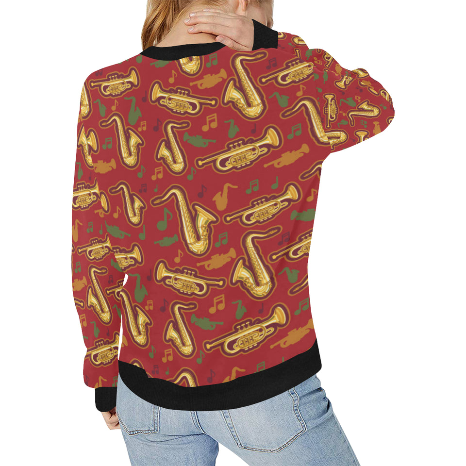 Saxophone cornet pattern red background Women's Crew Neck Sweatshirt