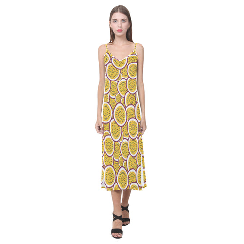 Passion fruits slice pattern V-Neck Open Fork Long Dress