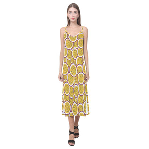 Passion fruits slice pattern V-Neck Open Fork Long Dress