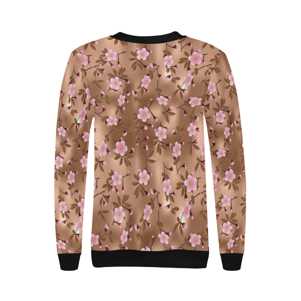 Pink sakura cherry blossom drak brown background Women's Crew Neck Sweatshirt