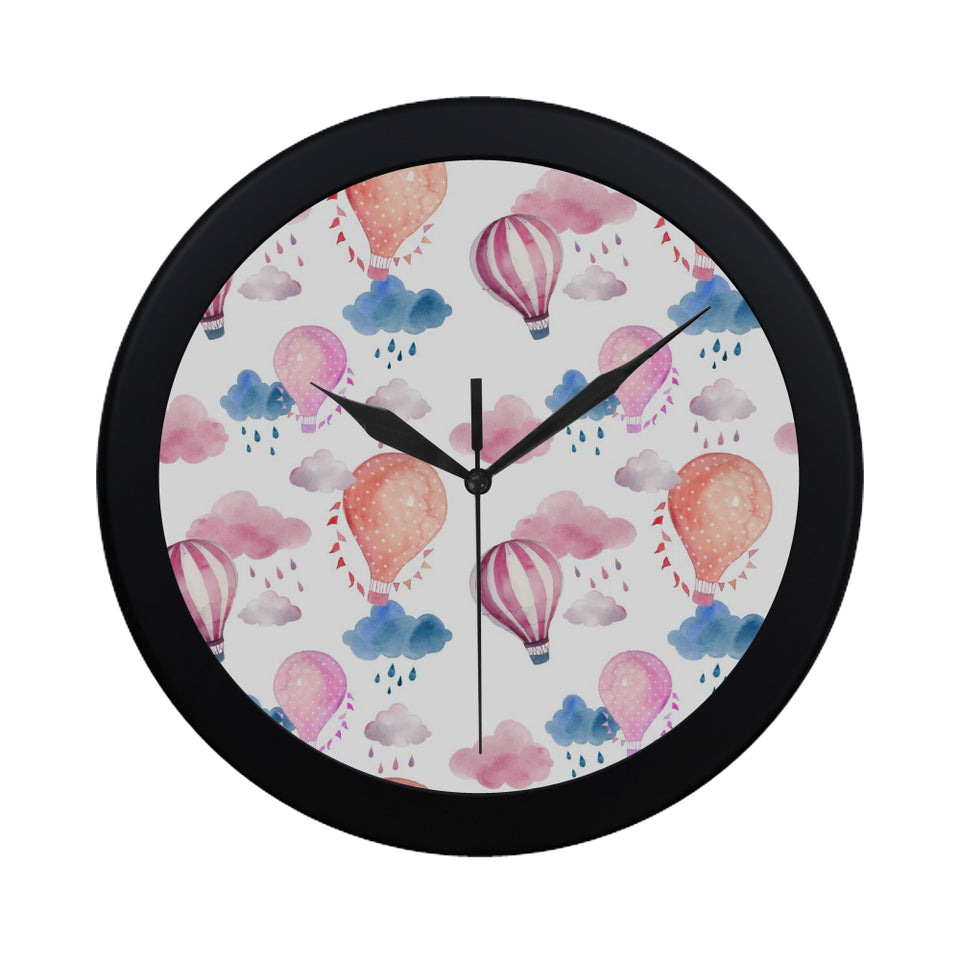 Watercolor air balloon cloud pattern Elegant Black Wall Clock