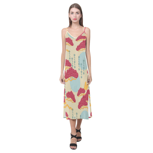 Red Bonsai gray sun japanese pattern V-Neck Open Fork Long Dress