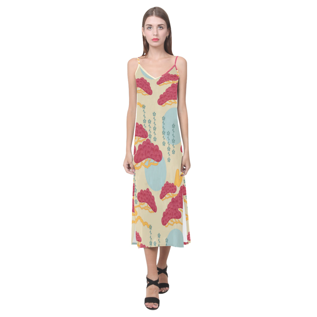 Red Bonsai gray sun japanese pattern V-Neck Open Fork Long Dress