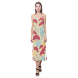 Red Bonsai gray sun japanese pattern V-Neck Open Fork Long Dress