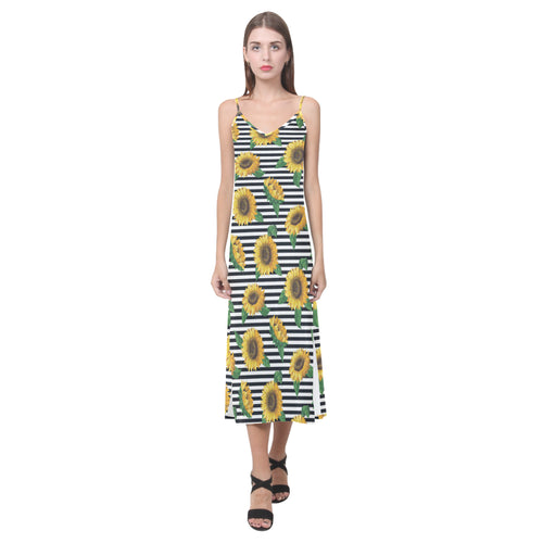 sunflowers ribbon background V-Neck Open Fork Long Dress