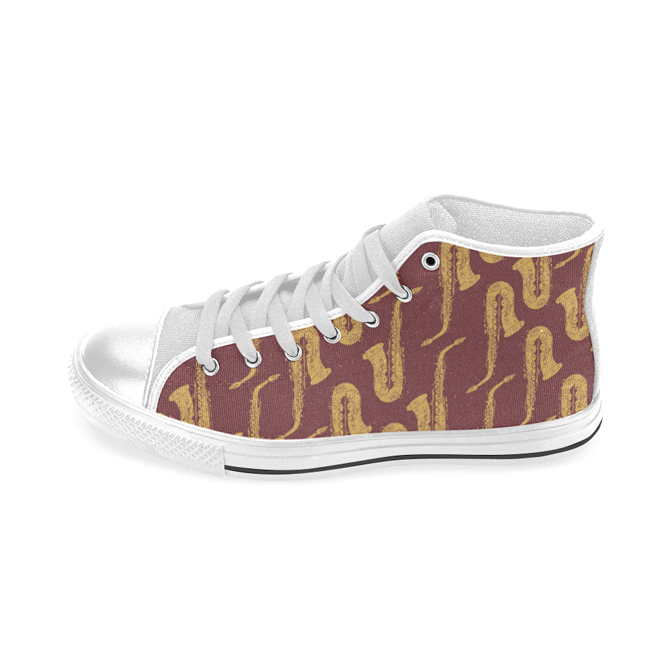 Hand drawn gold saxophone red background Men's High Top Canvas Shoes White
