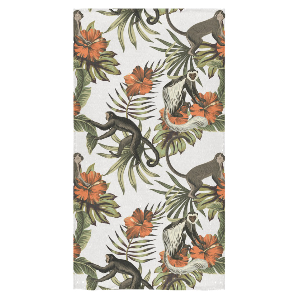 Monkey red hibiscus flower palm leaves floral patt Bath Towel
