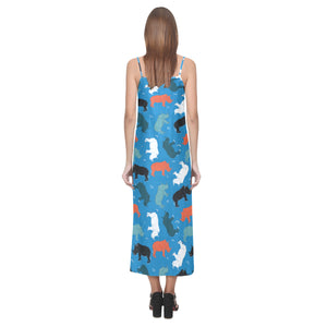 Colorful rhino pattern V-Neck Open Fork Long Dress
