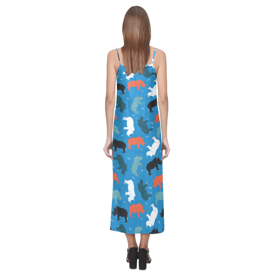 Colorful rhino pattern V-Neck Open Fork Long Dress