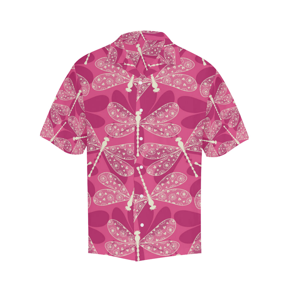 Beautiful dragonfly pink background Men's All Over Print Hawaiian Shirt