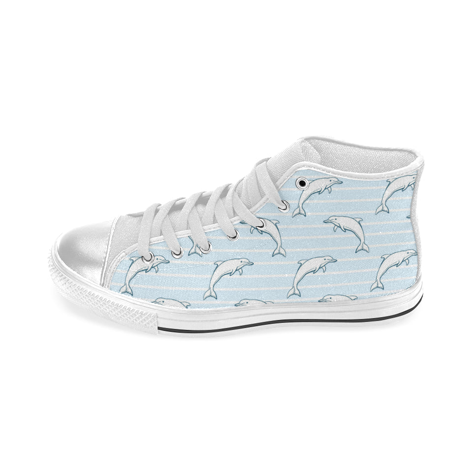 Dolphin blue striped background Women's High Top Canvas Shoes White