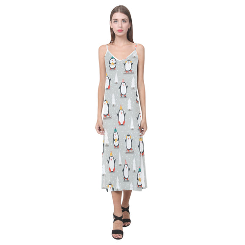 Cute Penguin christmas pattern V-Neck Open Fork Long Dress
