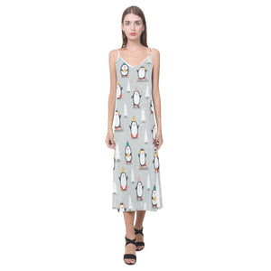 Cute Penguin christmas pattern V-Neck Open Fork Long Dress