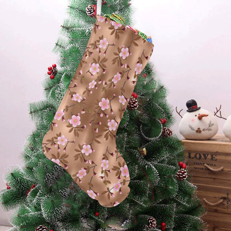 Pink sakura cherry blossom drak brown background Christmas Stocking