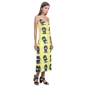 Cute ninja yellow background V-Neck Open Fork Long Dress