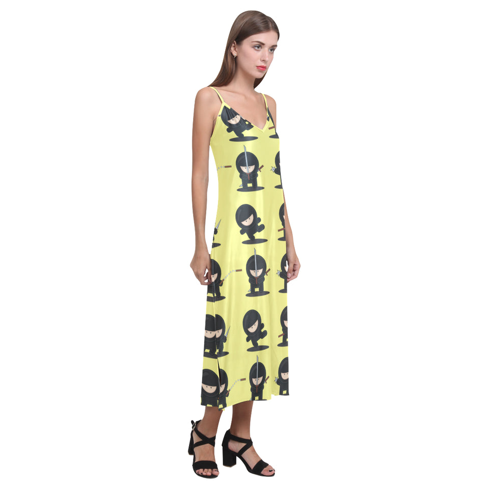 Cute ninja yellow background V-Neck Open Fork Long Dress