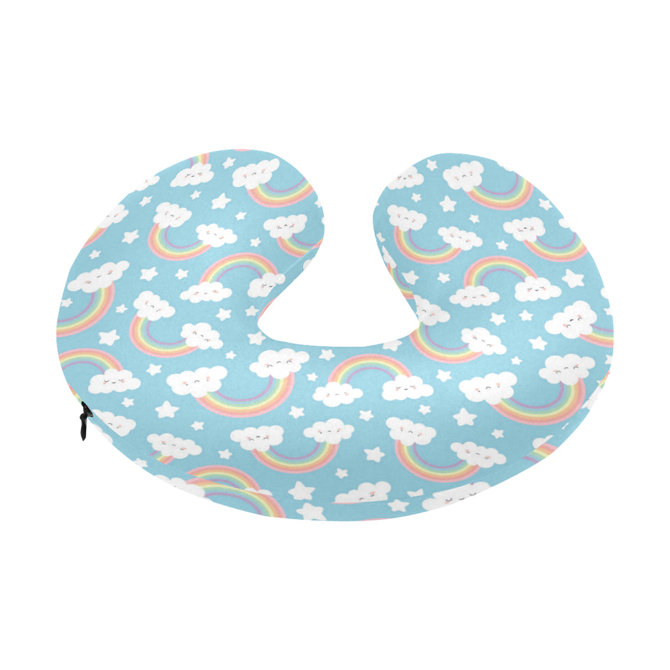 Cute rainbow clound star pattern blue background U-Shaped Travel Neck Pillow