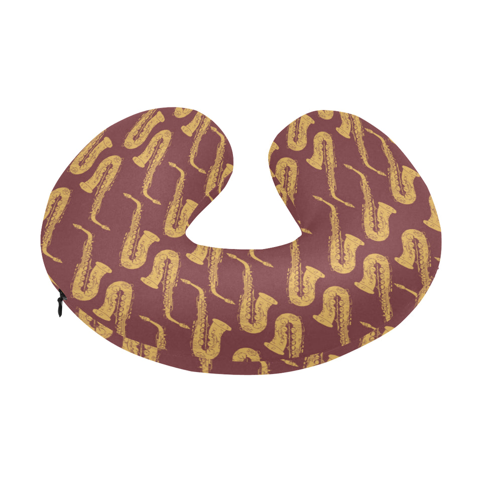 Hand drawn gold saxophone red background U-Shaped Travel Neck Pillow