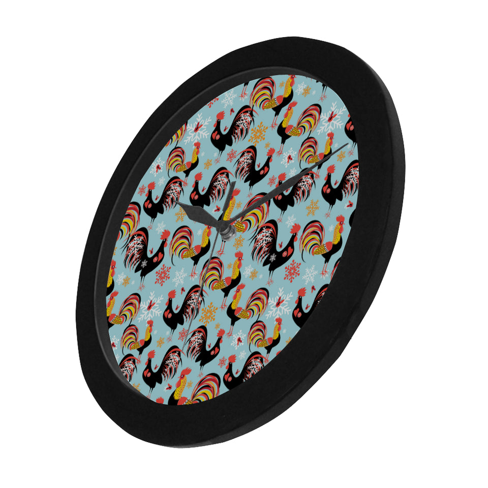 Rooster chicken cock snowfalke Elegant Black Wall Clock