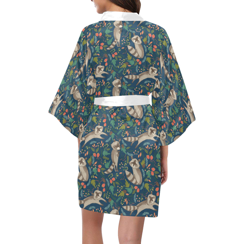 Raccoon tropical leaves pattern Women's Short Kimono Robe