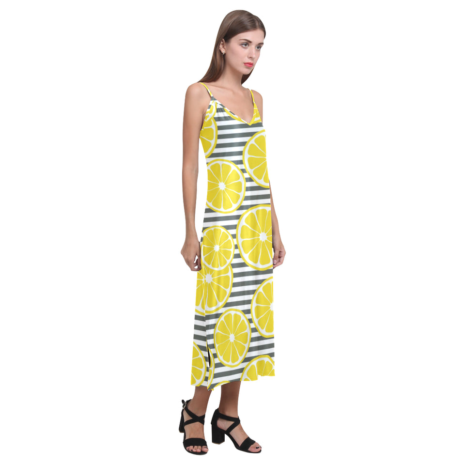 slice of lemon design pattern V-Neck Open Fork Long Dress