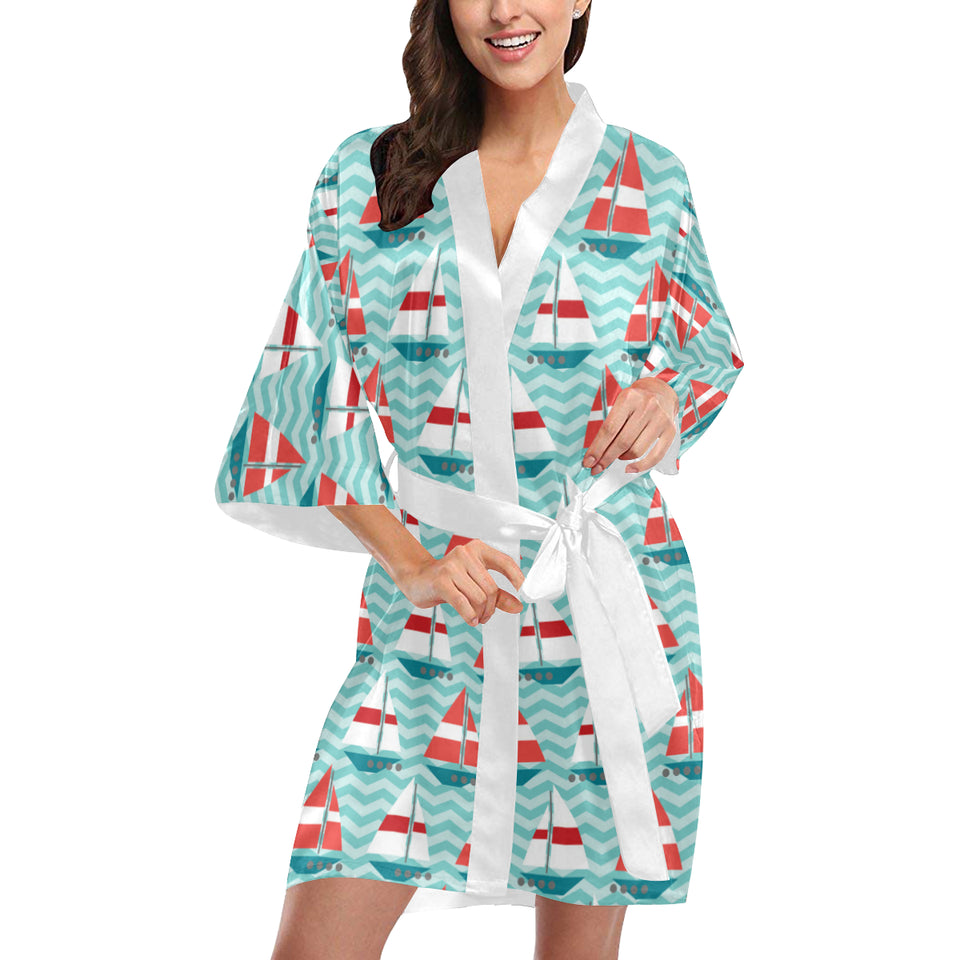 Red White sailboat wave background Women's Short Kimono Robe