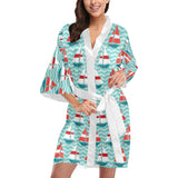 Red White sailboat wave background Women's Short Kimono Robe