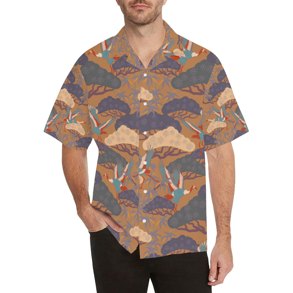Bonsai bamboo stork japanese pattern brown theme Men's All Over Print Hawaiian Shirt
