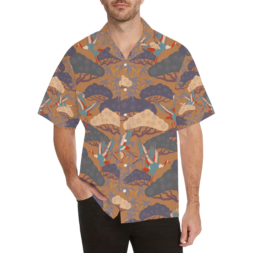 Bonsai bamboo stork japanese pattern brown theme Men's All Over Print Hawaiian Shirt