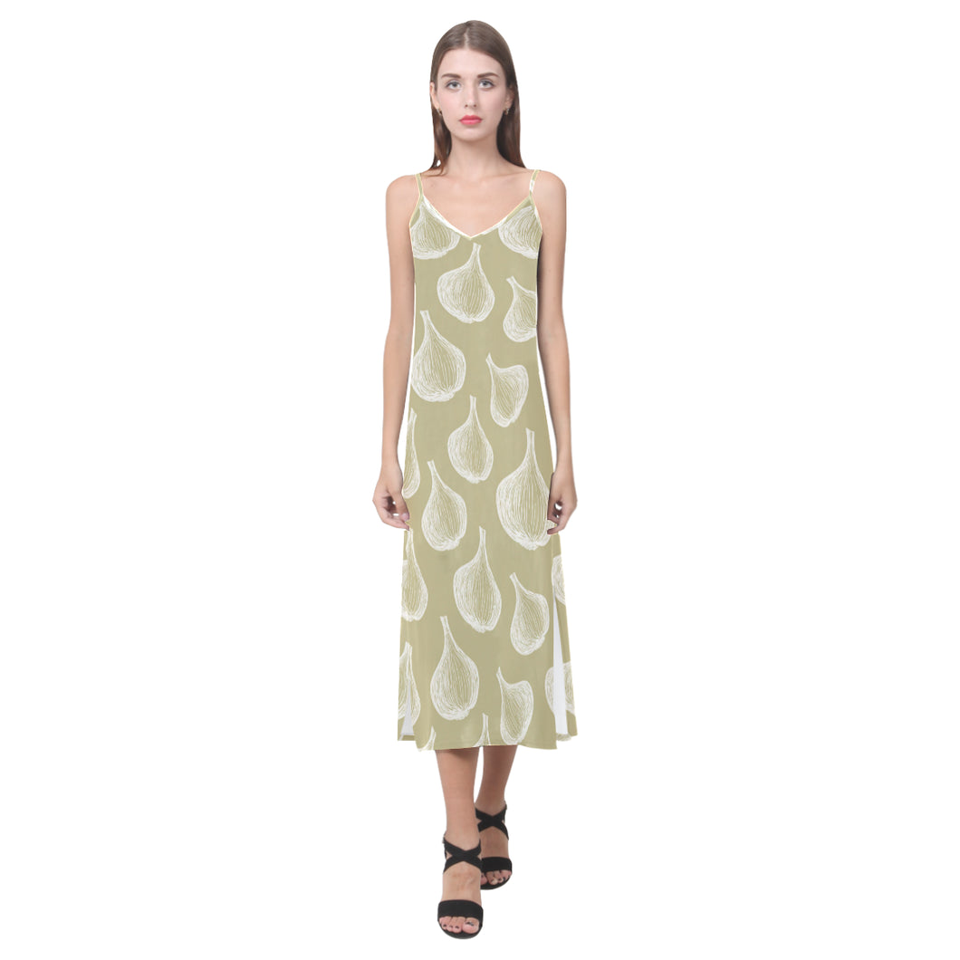 Garlic design pattern V-Neck Open Fork Long Dress
