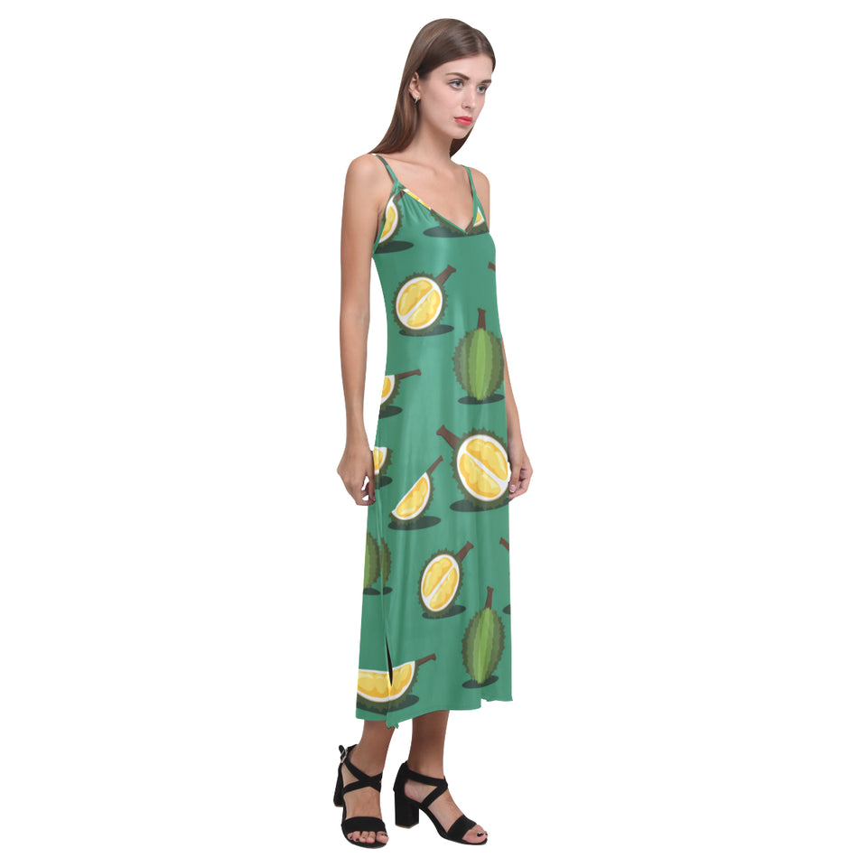 Durian pattern green background V-Neck Open Fork Long Dress