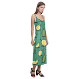 Durian pattern green background V-Neck Open Fork Long Dress