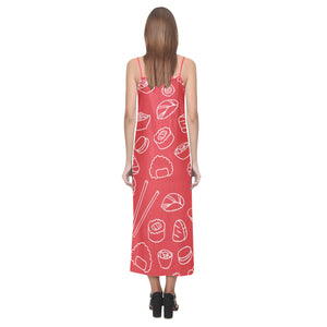 sushi pattern red background V-Neck Open Fork Long Dress