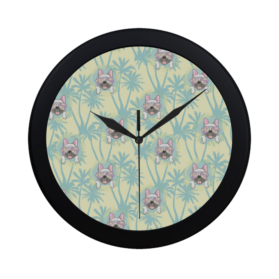 French bulldog hawaii blackground Elegant Black Wall Clock