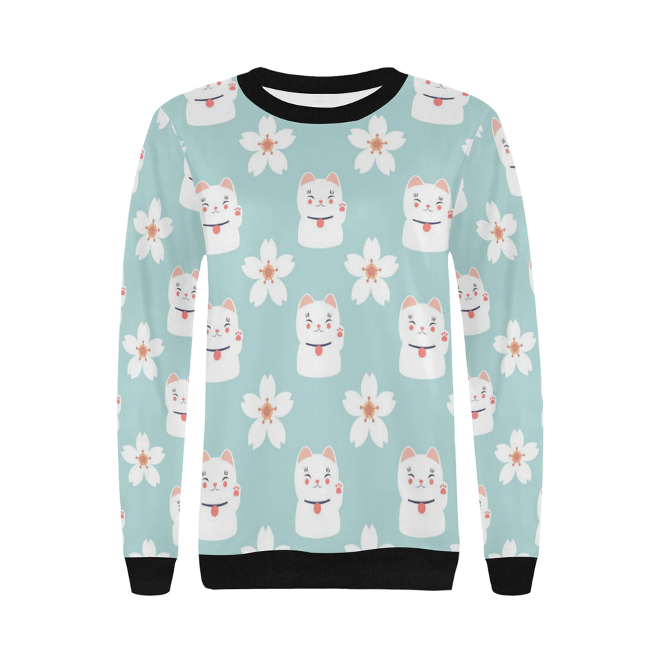 Maneki neko cat sakura Women's Crew Neck Sweatshirt