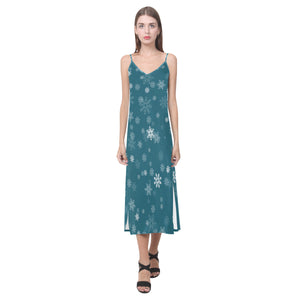 Snowflake pattern dark background V-Neck Open Fork Long Dress