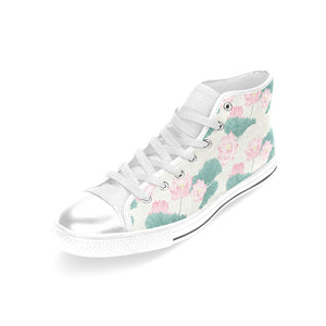 Pink lotus waterlily leaves pattern Women's High Top Canvas Shoes White