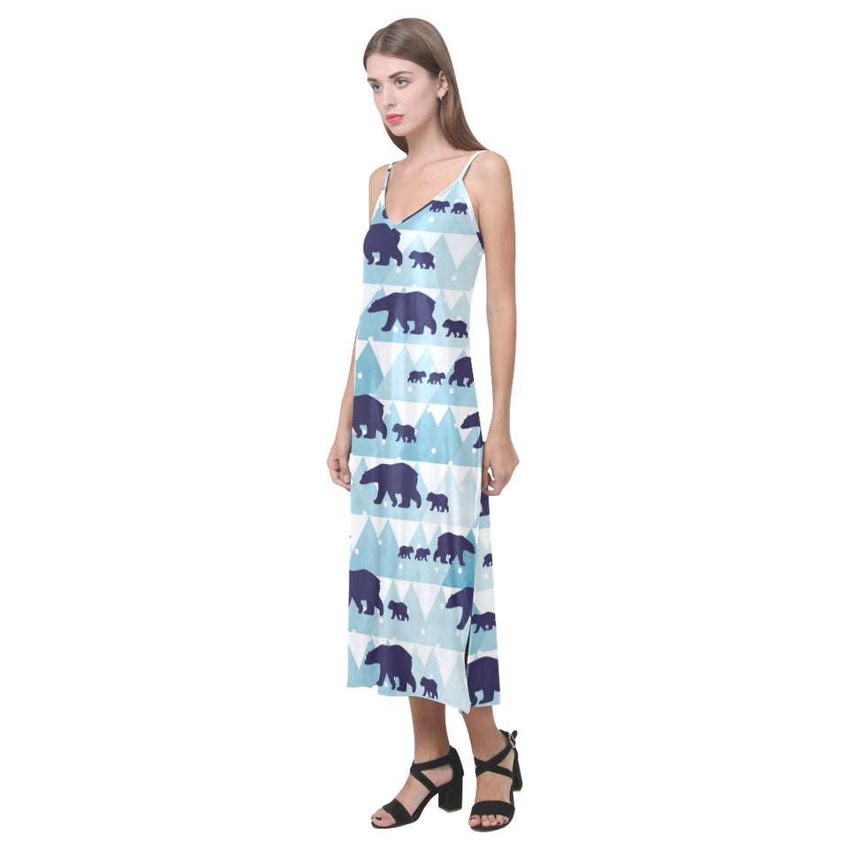 polar bear winter snow pattern V-Neck Open Fork Long Dress